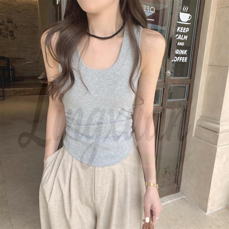 Korean Style Slim-Fit Cotton U-Neck Pleated Summer Tank Top for Women Medium серый