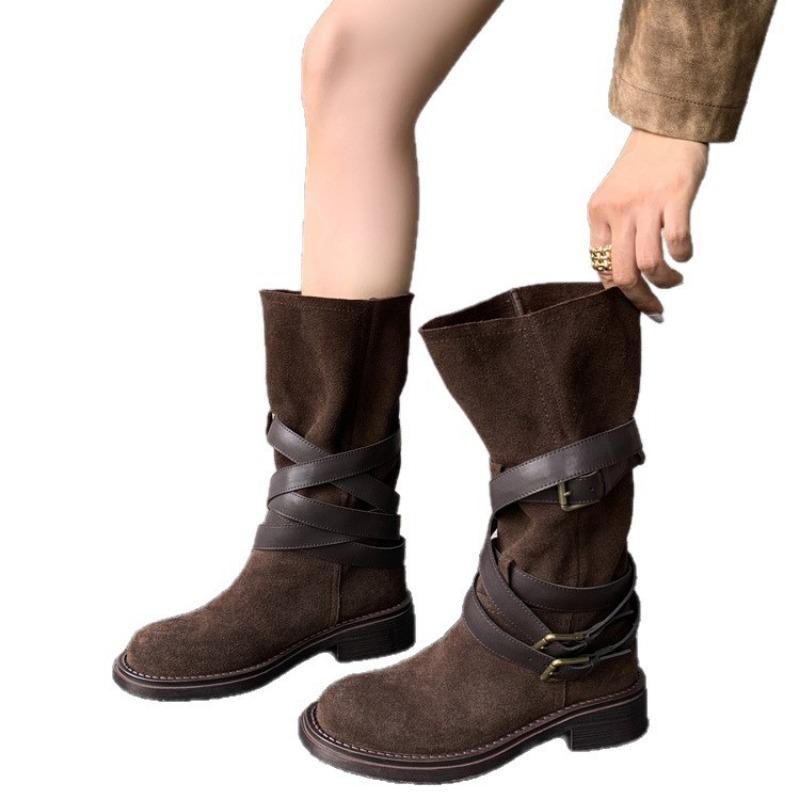 Cowhide Western Cowboy Boots Women's Brown Belt Buckle Pile Boots Medium Knight Boots New Retro Strap Boots Women