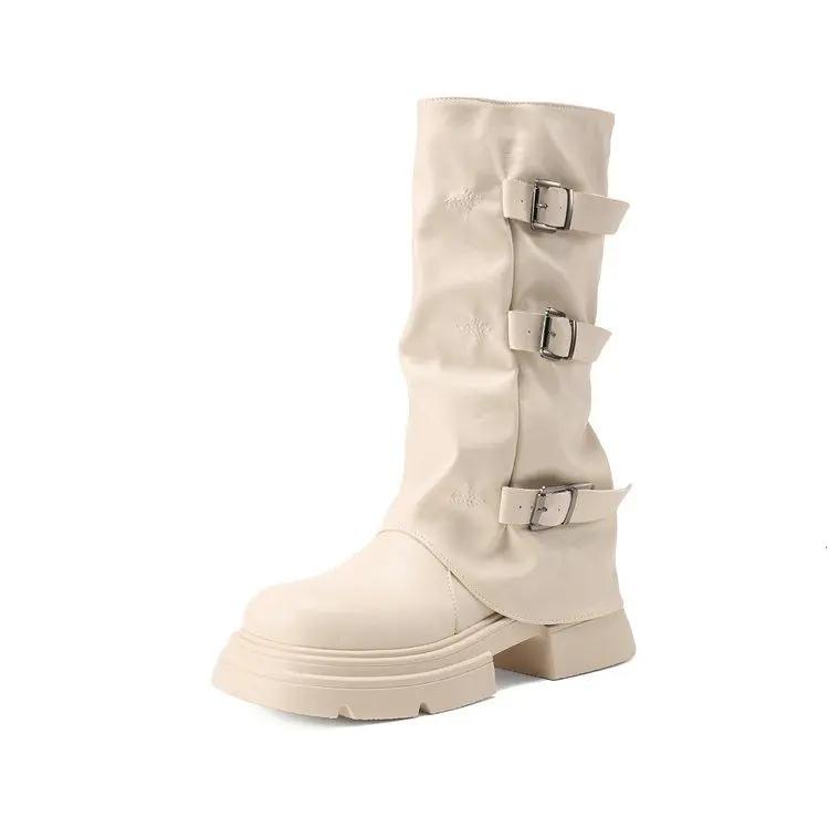 Fashion Leather Platform Mid Calf Shoes Woman Work Trend 2025 Large Size Half High Boots for Women Gyaru Gothic On Offer Waterproof Boot