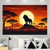 Tapisserie Lion Africain Style Rétro 2D, Décor Mural Silhouette Savane Coucher de Soleil Orange