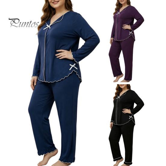 Breathable Sleepwear for Daily Use Women's Plus Size Pajama Set, Long Sleeve Top And Pants Cozy Loungewear Women with Bow, Ruffle 2 Piece Soft Pjs Set
