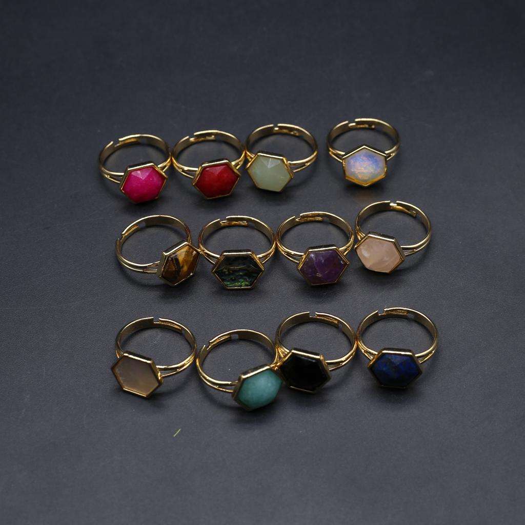 10Pcs, Reiki Healing Natural Stone Crystal Opening Ring, Boho Handmade Hexagonal Adjustable Rings for Women Men Everyday Wear Jewelry, Holiday Gifts