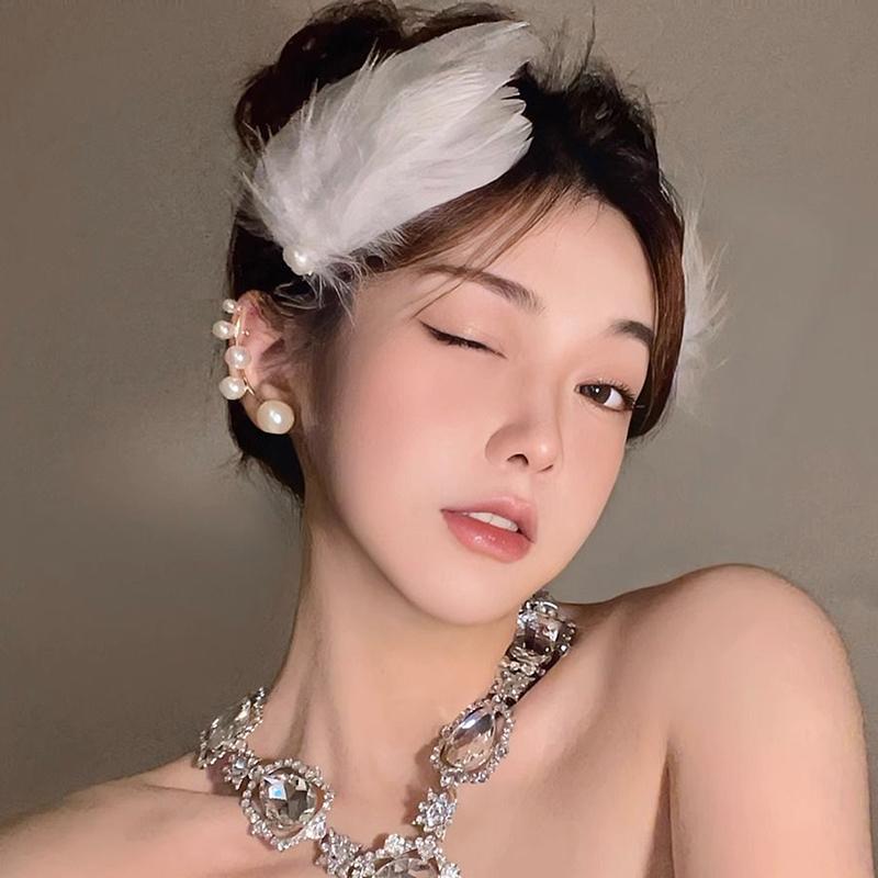 White Swan Feather Faux Pearl Hairpin Headwear Ballet Style Stage Performance Side Clip Girl Party Hair Accessories Gifts