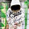 2024 Unisex Vintage Ripped Hoodie with Graffiti Print – Loose Fit, Autumn/Winter Trendy
