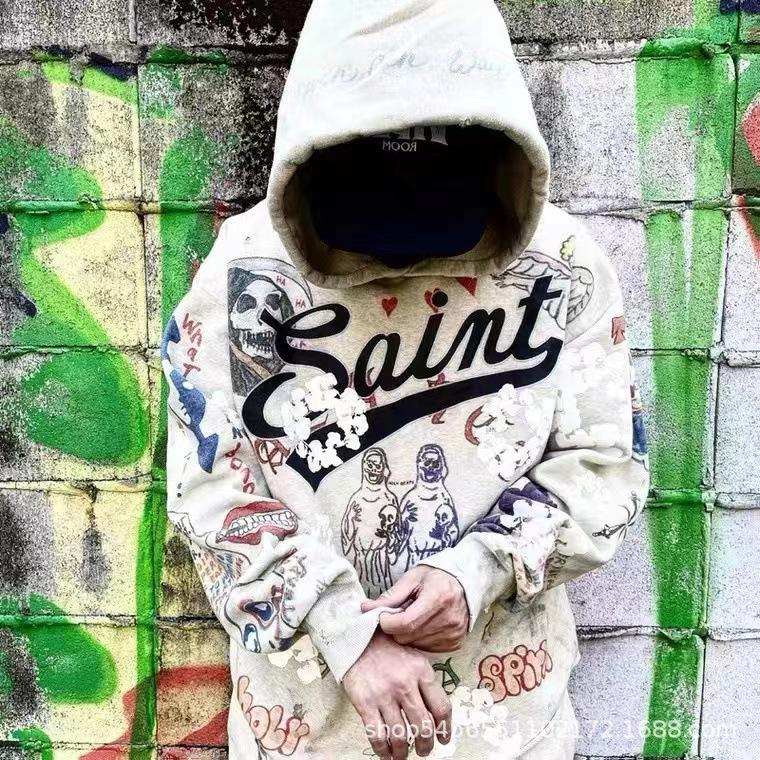 2024 Unisex Vintage Ripped Hoodie with Graffiti Print – Loose Fit, Autumn/Winter Trendy