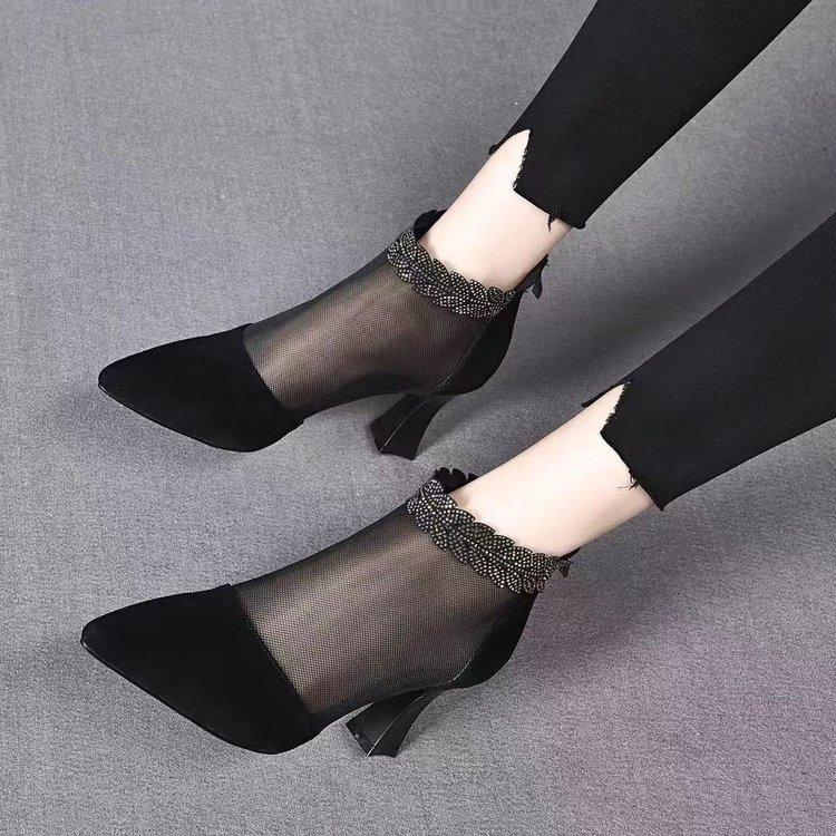 Pointed Mesh High Heels Women's Shoes Spring and Summer New Black Sheepskin Rhinestone Leaf Fine Heel Mesh Shoes Fashion Shoes