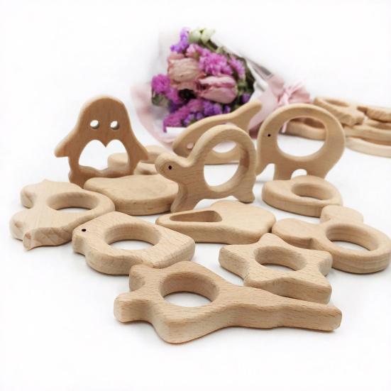 Baby Beißring Spielzeug aus Holz Natürliches Buchenholz Kauspielzeug für Säuglinge Pädagogische Beißringe mit Tierformen