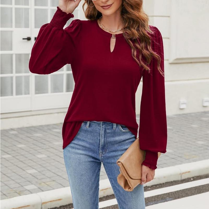 Plus Size Women's Spring New Long Sleeve V Neck Lock Casual Bubble Sleeve Top