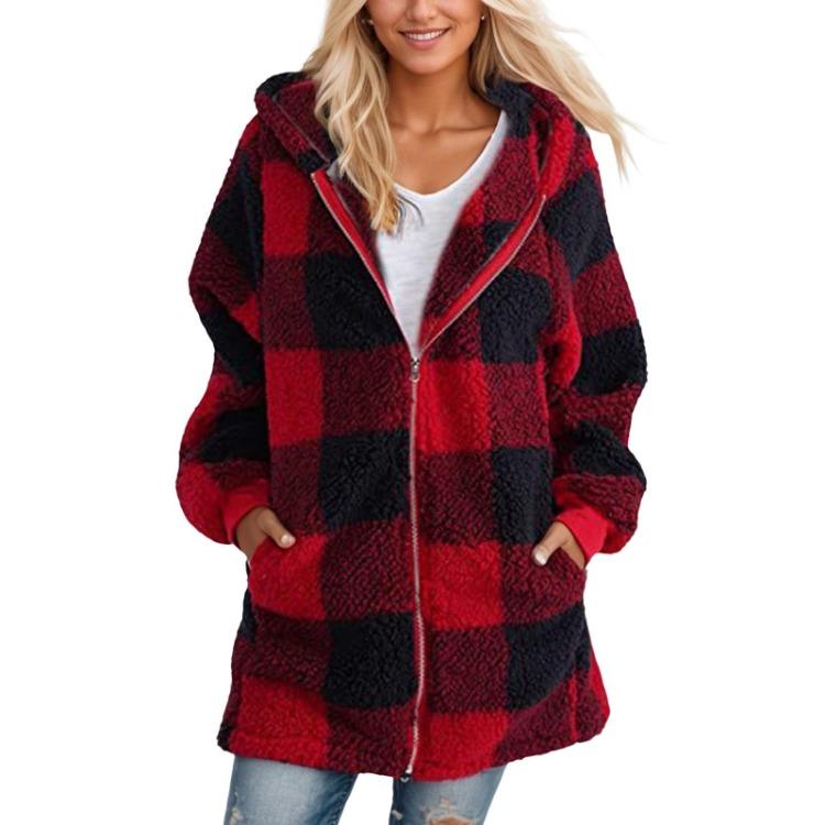 Women s Casual Loose Plush Plaid Hooded Coat Long Sleeve Zipper Pocket S