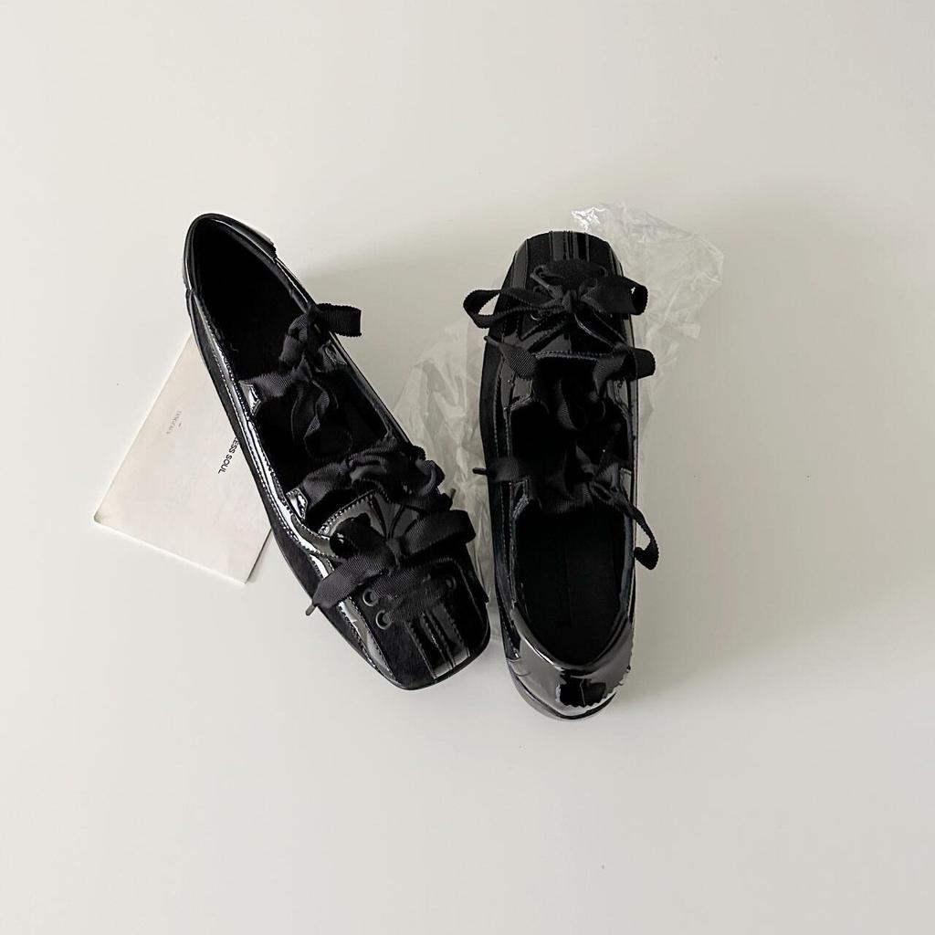 Cowhide Version~ Retro Square Head Design Ballet Shoes Women's Bow Light Mouth Versatile Single Shoes Wear New Flat Shoes