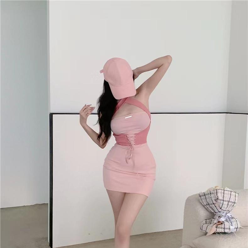 Dámská korejská verze závěsné šaty bez ramínek přiléhavé sexy minišaty bez rukávů bez rukávů