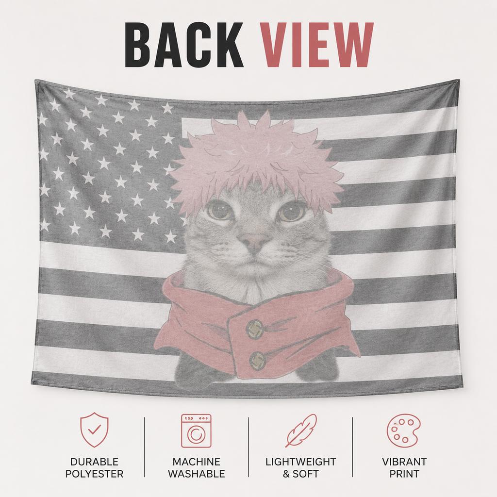 Funnypinkhairyuji I-Itadorianime Cat Tapestry Flat Printblackandwhite Americanflagwallhanging Aesthetic Room Decor For Dorm Gift