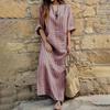 Damen Sommer Boho Gestreiftes Baumwoll-Leinenkleid Lässig Kurzarm Strand Maxikleid mit Vordertasche