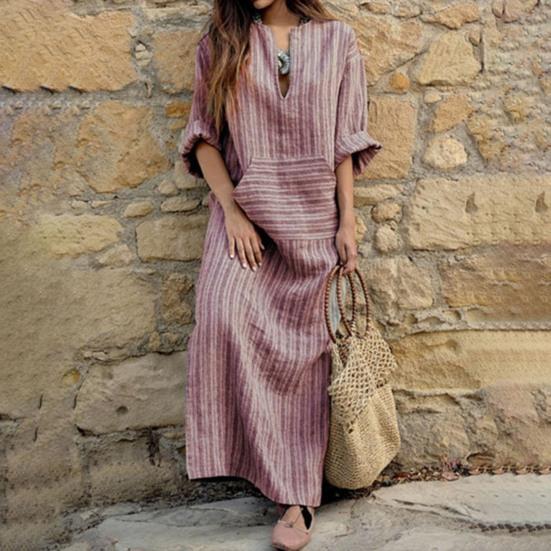 Damen Sommer Boho Gestreiftes Baumwoll-Leinenkleid Lässig Kurzarm Strand Maxikleid mit Vordertasche