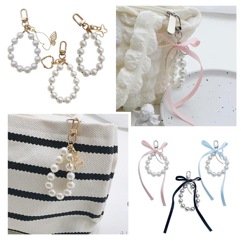 Ballet Style Ribbon Bowknot/Butterfly/Heart Key Rings Beaded Keychain Pendant Bag Accessory for Fashion Enthusiasts