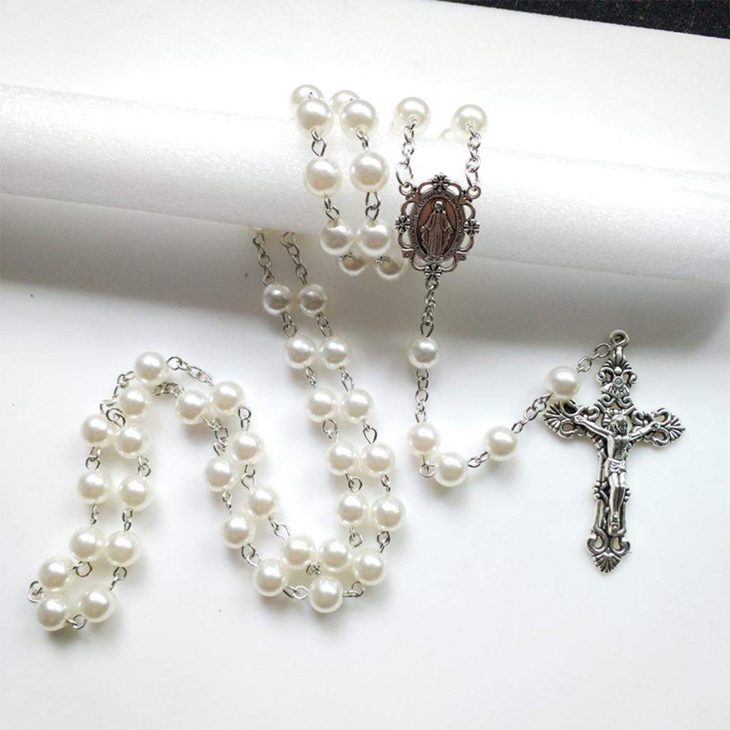 8mm Prayer Beads Rosary Necklace Mary Jesus for Cross Pendant Catholic Necklaces Religious Jewelry Women Charm Gifts