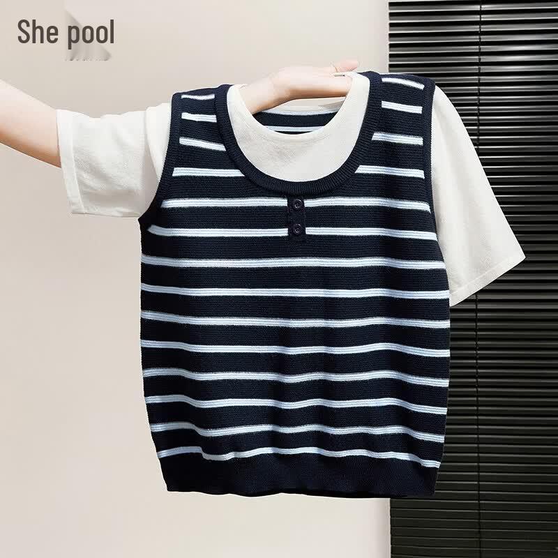 Women s Faux Two-Piece Color-Block Striped Short Sleeve Knit Top One Size