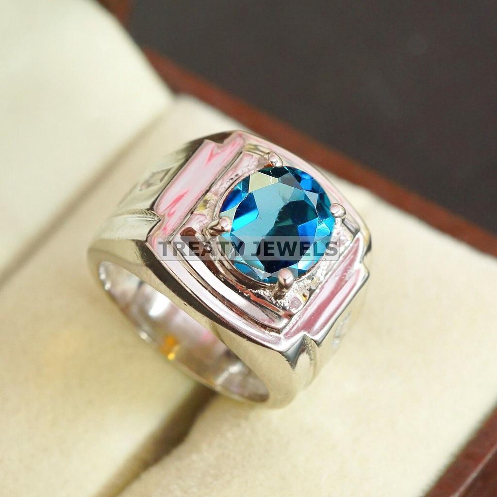 London Blue Topaz Oval Gemstone With 925 Sterling Silver Ring For Men's #B212 JL375675930674