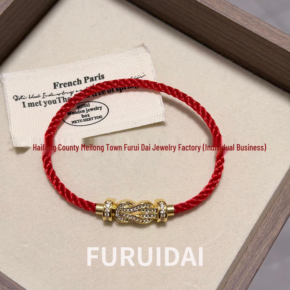 Bracciale Fred Placcato Oro 18k con Ferro di Cavallo Diamantato Zodiaco Corda Rossa - Unisex Stile Fai da Te a Forma di 8