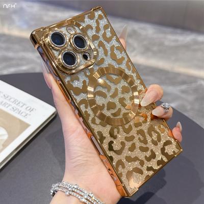Per Per Iphone 16 Pro Max   Cornice Placcata Magnetica Custodia per Telefono con Stampa Leopardo e Glitter Per Per Iphone 13 14 15Plus 17Air Cover
