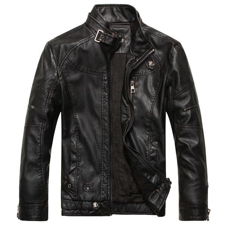 Men's Motorcycle Leather Jacket with Old Washing Leather Jacket Stand Collar Plus Velvet Men's Leather Jacket