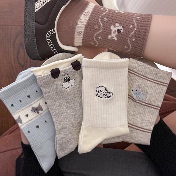 Cute Puppy Embroidered Mid-Calf Socks - Spring/Summer Japanese Style Rolled Cuff Cotton Socks for Girls