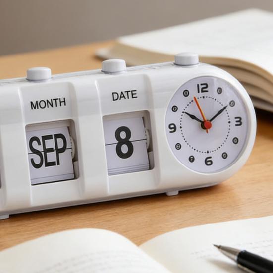 Perpetual Desk Calendar with Clock Vintage Manual Flip Calendar Digital Alarm Clock with Day Month Date Display for Home Office Desk Shelf Decor