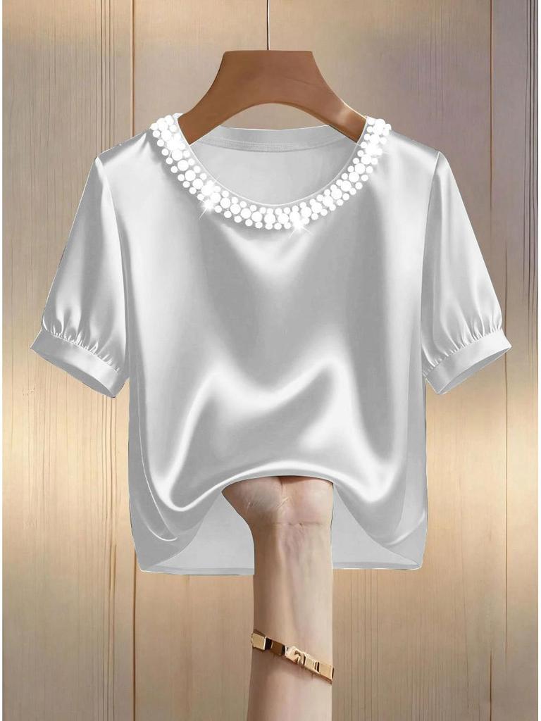 Women's Stylish Pearl Collar Satin T-Shirt: Short-Sleeve, Round Neck, Summer Fashion.