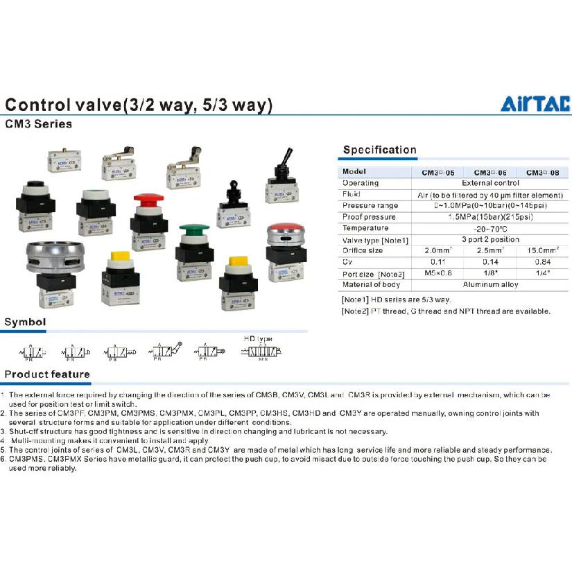 AirTAC CM3V05 CM3V06 CM3V08 CM3Y05 CM3Y06 CM3Y08 3/2 Way Vertical Lever Type Air Pneumatic External Control Mechanical Valve