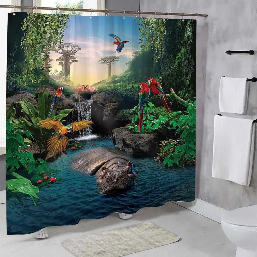 

Popular Parrot Shower Curtain Mountain Waterfall Picturesque Colourful Animals Polyester Fabric Shower Curtains Bathroom Decor W60H190(CM)-1 Pcs