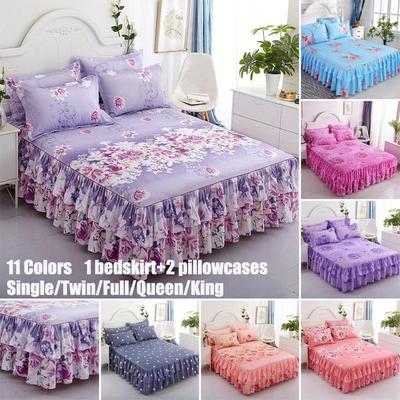 Einzel-/Doppel-/Voll-/Queen-/King-Size-Bettdecke mit Blumendruck, Bettrock und Kissenbezüge, 11 Farben