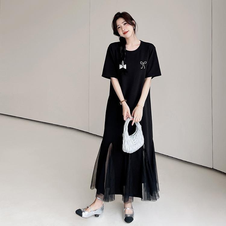 Summer New Women Plus Size Casual Loose Long Maxi Dress Black Lace Short Sleeve Basic Dress