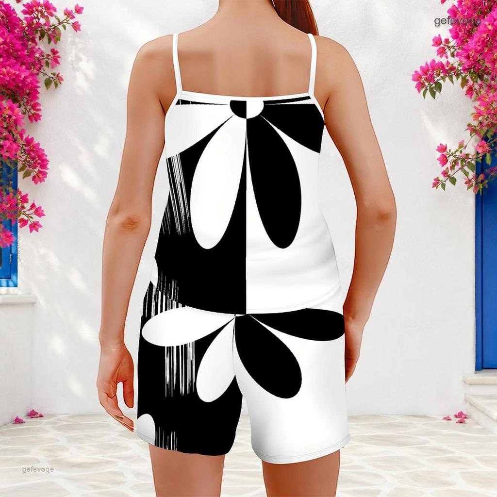 Women Plus Size Two Piece Set Scoop Neck Strappy Tank Top And Shorts Neon Green Black Printed