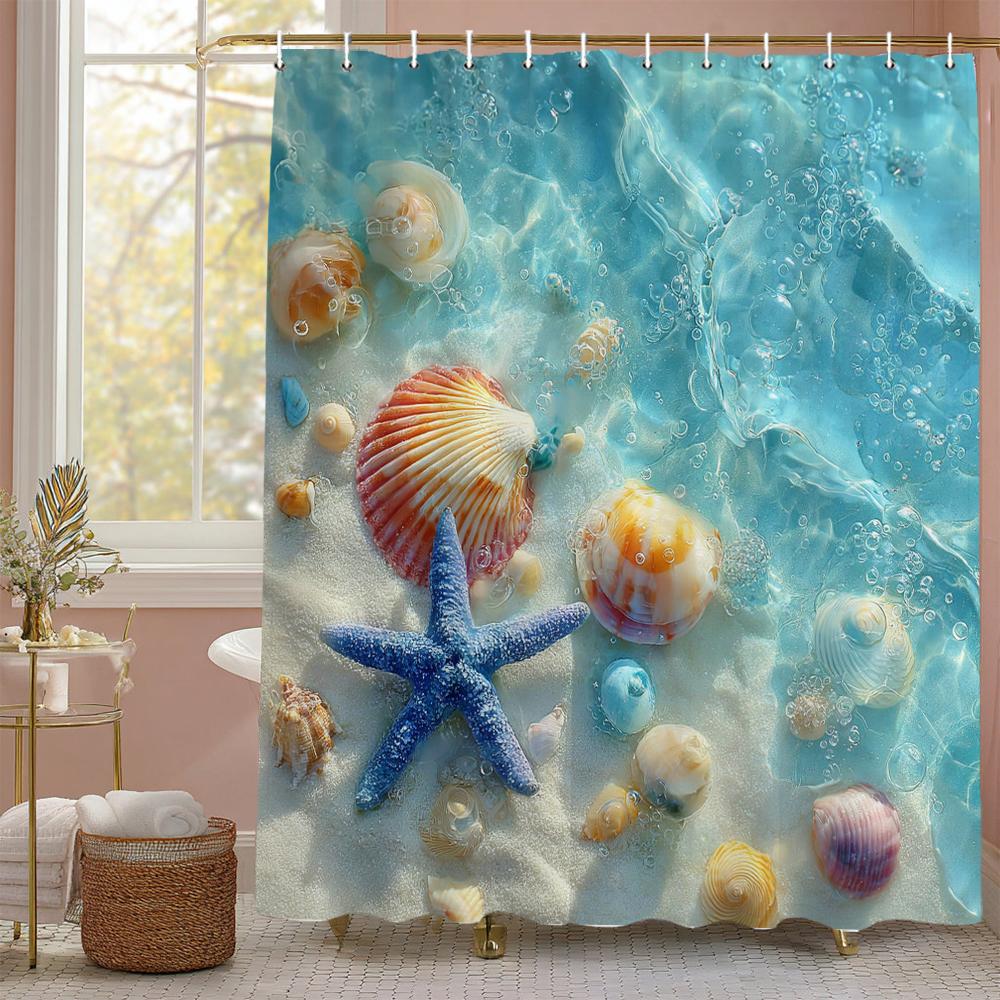 Ocean Beach Scenery Shell Starfish Waves Shower Curtain, Bathroom Decorative Shower Curtain, Printing Shower Curtain With Hooks