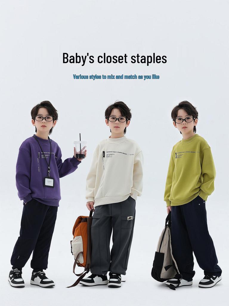 Boys' Thick Velvet Hoodie - 2025 Winter Collection: Warm, Trendy Long Sleeve Round Neck for Kids