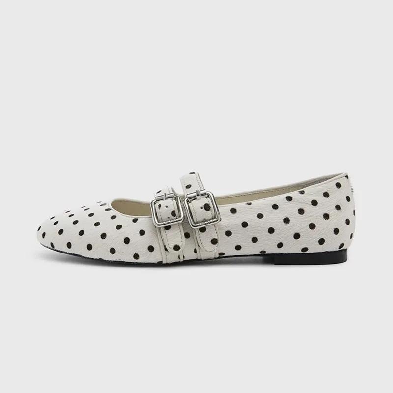Fashion French Speckled Round Toe Shallow Mouth Double Strap Mary Jane Single Shoe Women's 2025 Spring Versatile Ballet Flat Shoes