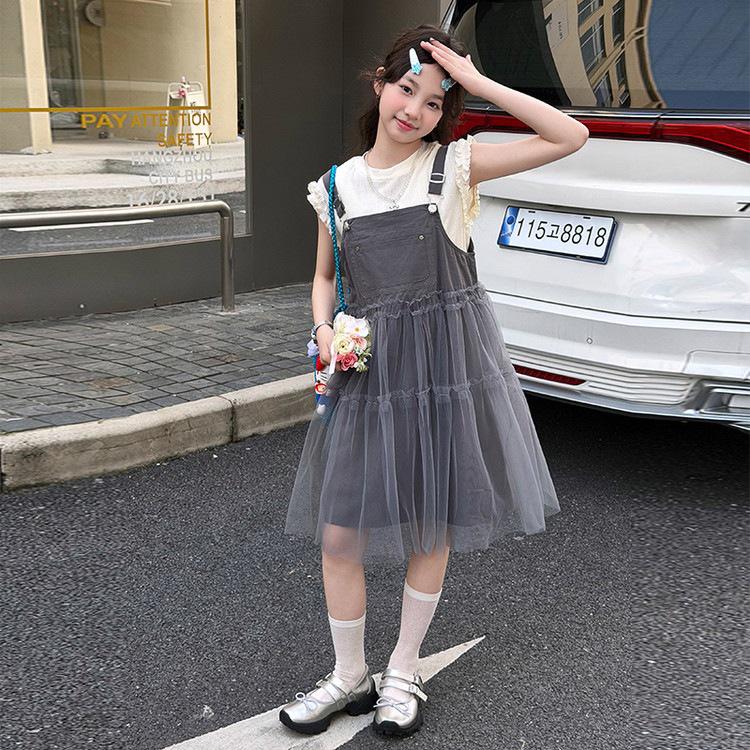Sweet Summer Princess Dress Set: Sleeveless Mesh T-shirt & Strap Dress for Girls 130 cm