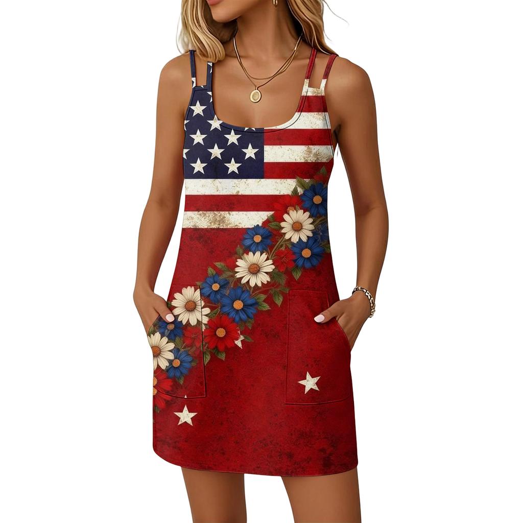 Women's Casual Sleeveless Dress Double Strap Pocket Dress Independence Day Print Sleeveless Summer Dress