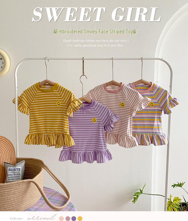 2025 Summer Korean Style Ruffle Sleeve Dress for Girls - Short Sleeve Striped Skirt