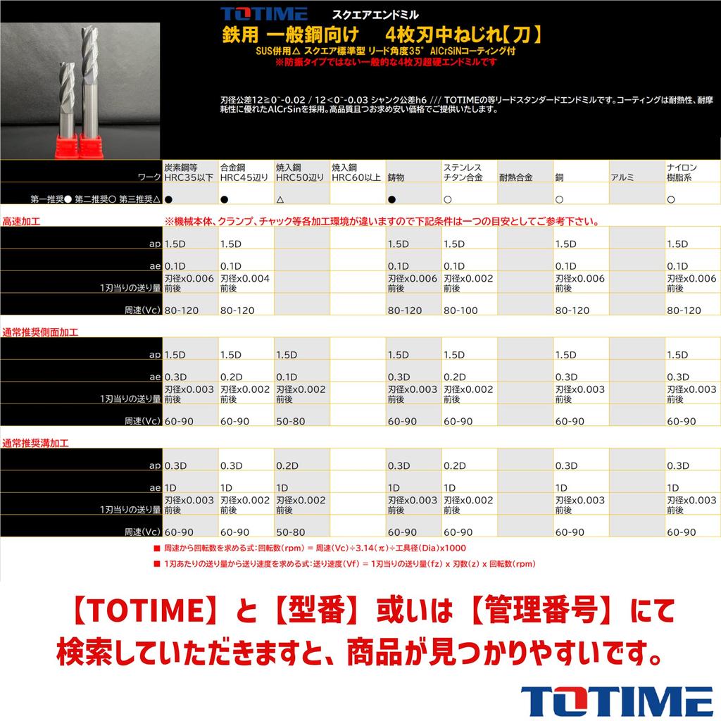 TOTIME Carbide End Mill, 35S4F, 0.1 inch (3 mm), Square Iron, For General Steel,