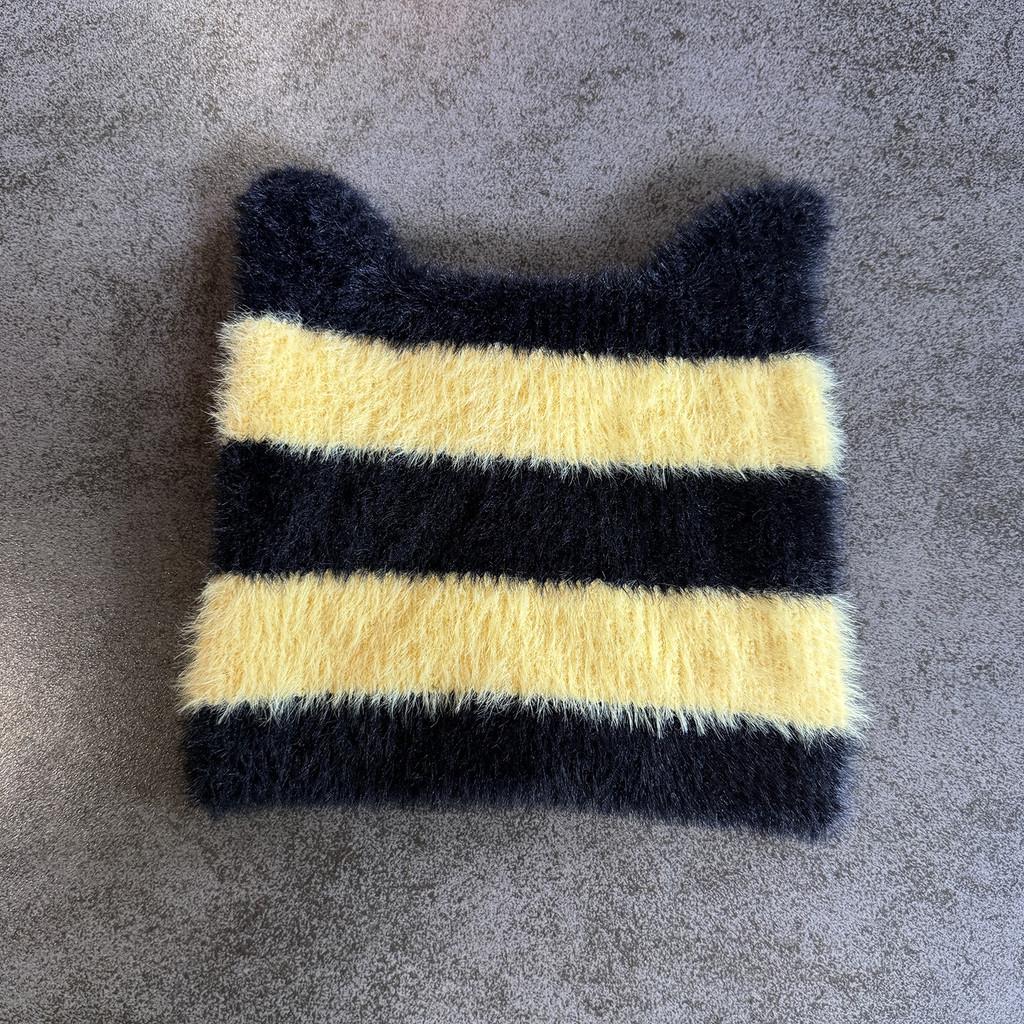 Ears Design Cats Knit Cap With Stripe Style For Daily Cold Weather Use Outdoor