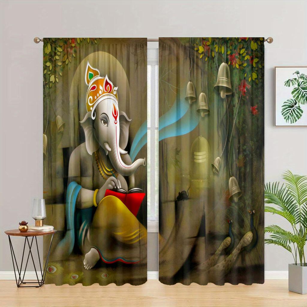 2 Stück Böhmische Vorhänge Fensterdraperien mit Mandala-Blume Elefant Tropische Pflanze Druckmuster Ösenoberteil Vorhang für Schlafzimmer