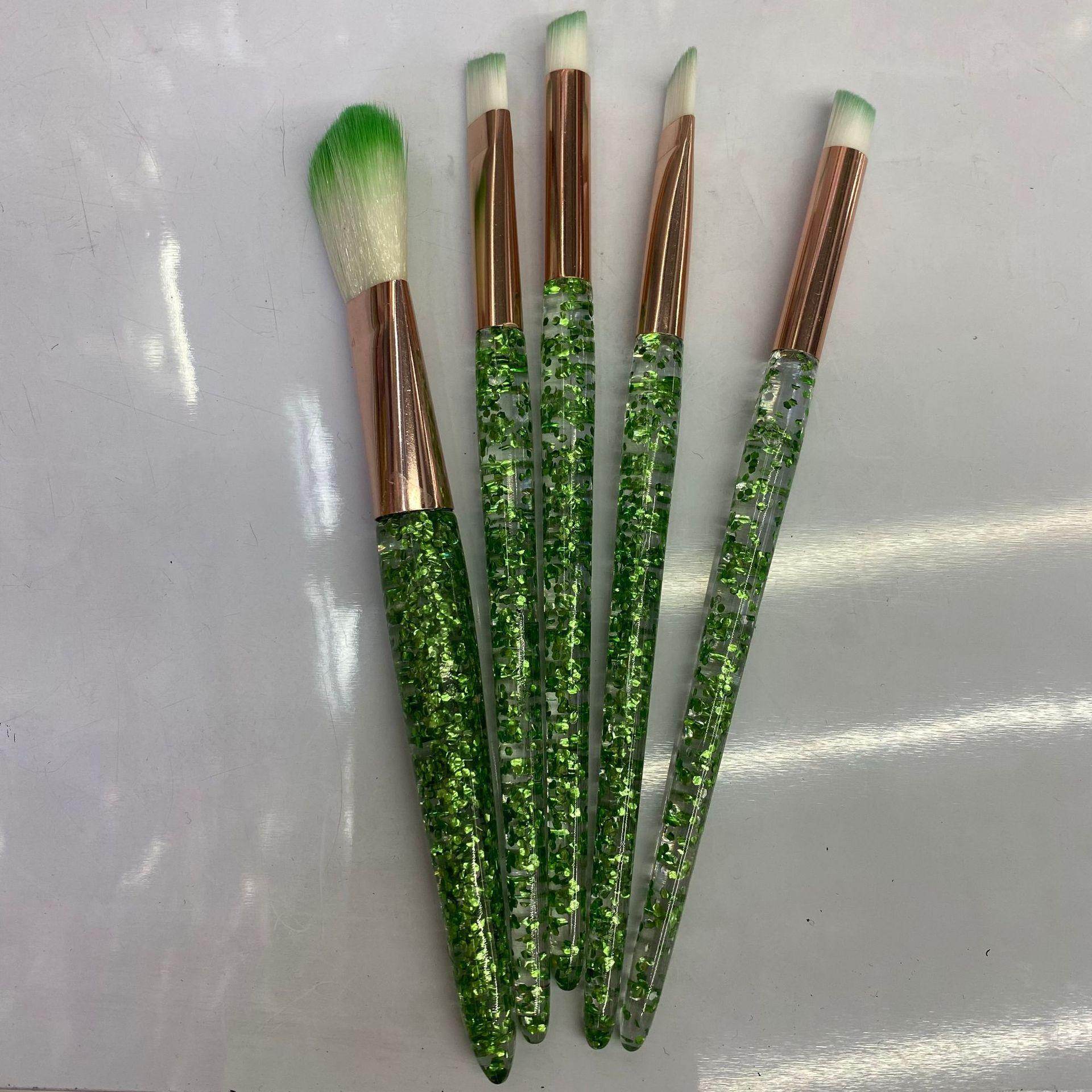 

5-piece Set of Ins Style Makeup Brushes Set with Colorful Gold-plated Sand Crystal Diamond Makeup Tools, Ultra-soft Bristles, Crystal Handle Green with Gold Leaf 5Sup