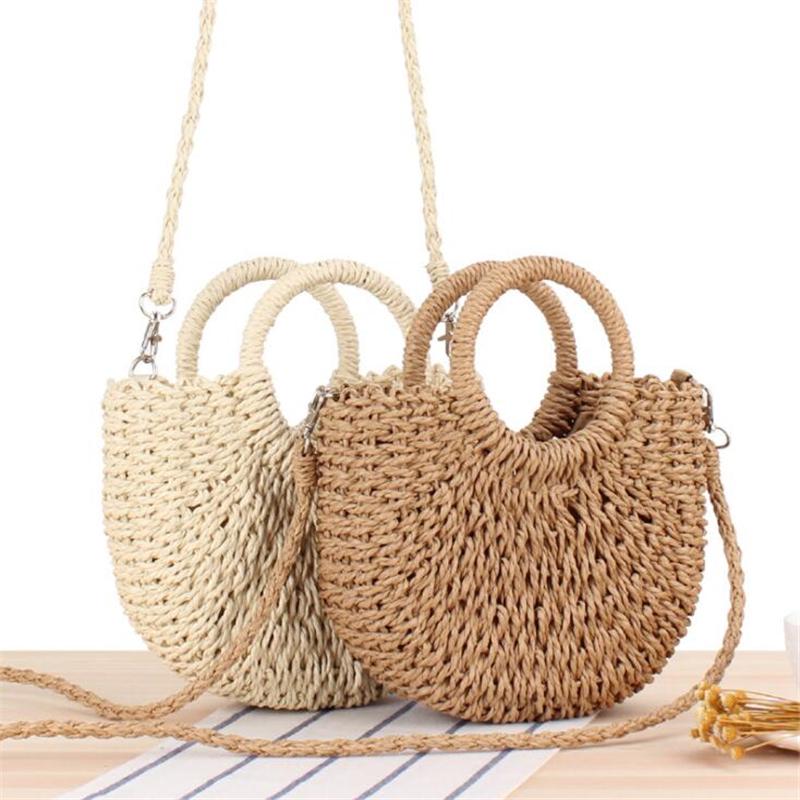 Borsa da spiaggia estiva da donna in paglia intrecciata di rattan semicircolare