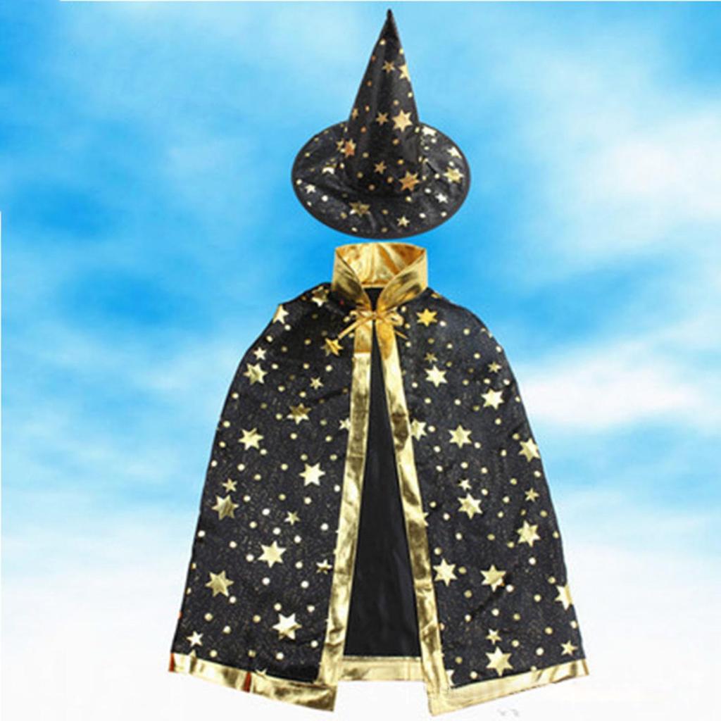 Children's Magic Wizard Cloak and Hat Set Star Pattern Long Robe Costume Cape for Performance Dress Up and Role Play Accessories