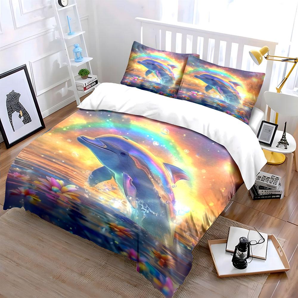 Dolphin leaping with rainbow Print Bedding Set 1 Duvet Cover 2 Pillowcases for Adult and Children Luxury Gift Full Size