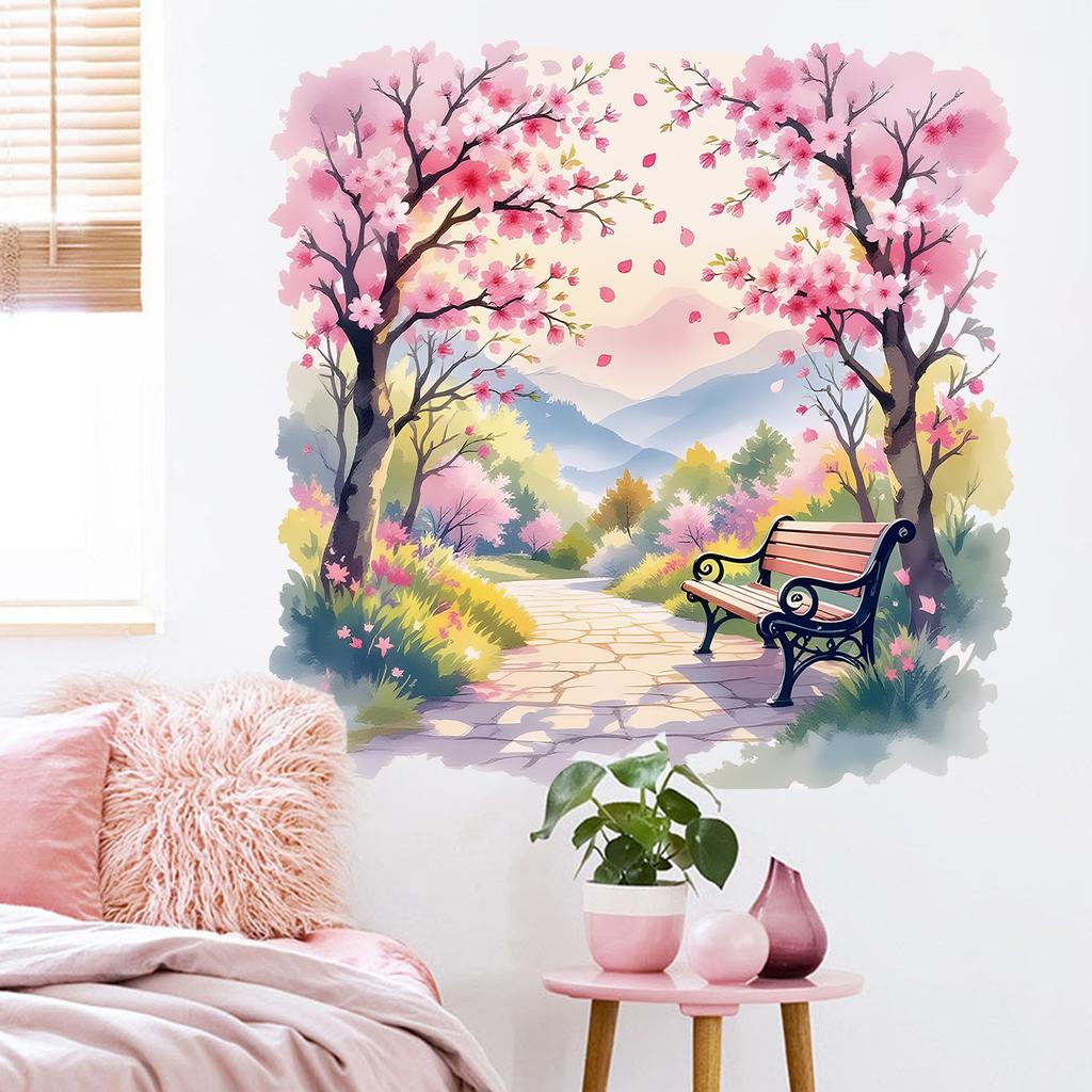Kreativer Kirschblütenweg Aquarell Ferner Berg Bank Eingangskorridor Hintergrundwandaufkleber