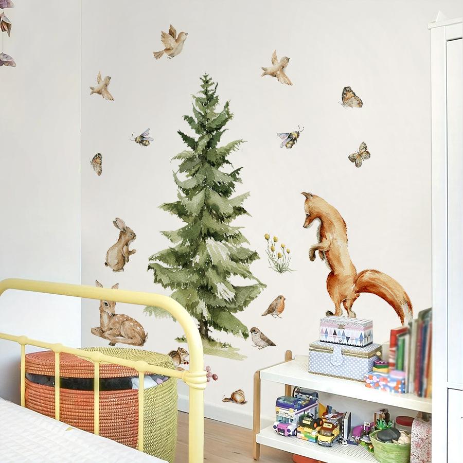 Forest-themed Pine Tree Animal Children's Bedroom Self-adhesive Decorative Stickers