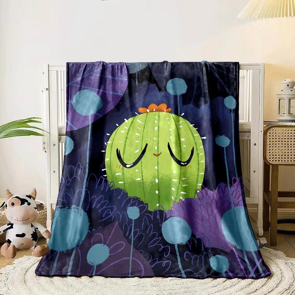 Smiling green cactus with a flower surrounded by abstract plants. for all seasons blanket lunch break throw gift 80cm x 120cm