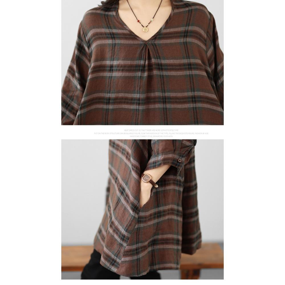 DIMANAF 2026 Summer New Plus Size Women T-Shirts Casual Vintage Print Plaid Blouse Shirts Lady Tops Tees Cotton Oversized